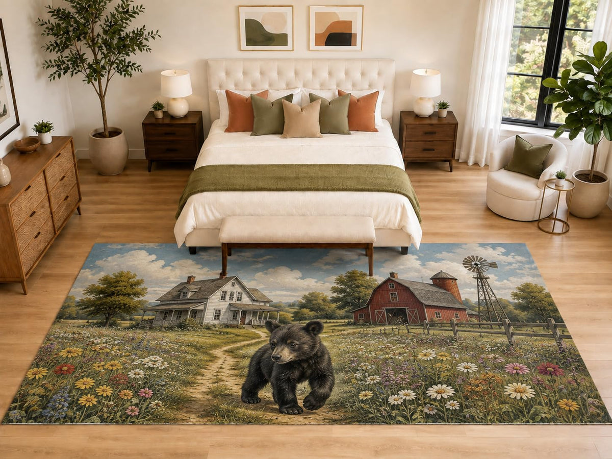 ICE ARMOR "Ultra Light Weight Large 6'7" x 9'10" Bear Cub Red Barn Area Rug, Soft Low Pile Indoor Rug, Non-Slip Silicone Backing, Kids Room, Green