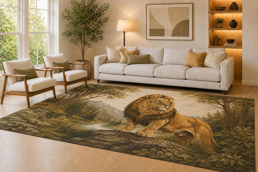 ICE ARMOR Large 6'7" x 9'10" Brown & Olive Forest Lion Area Rug for Living Room, Soft Low Pile Carpet with Non-Slip Silicone Backing, Decor for Bedroom & Home Office