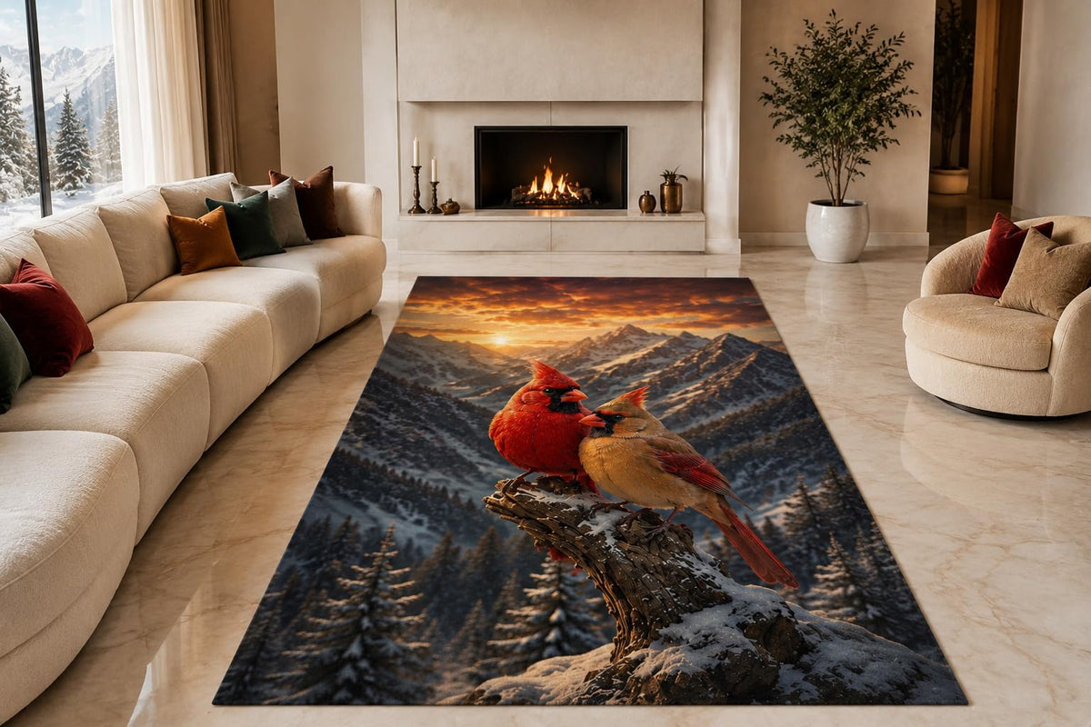 ICE ARMOR "Ultra Lightweight Large 6'7" x 9'10" Winter Cardinal Bird Area Rug for Living Room, Bedroom and Home Office, Soft Low Pile Carpet with Non-Slip Silicone Backing, Red and Navy
