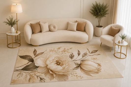 ICE ARMOR 5' x 7' Peony Floral Area Rug, Vintage Beige Botanical Bloom Design for Living Room Bedroom Office Decor, Non-Slip Silicone Backing Low Pile
