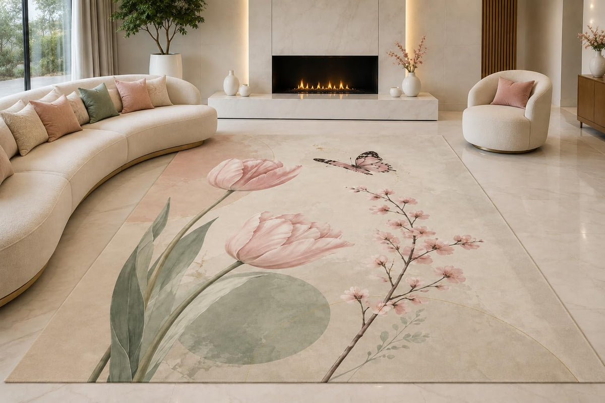 ICE ARMOR "Ultra Lightweight Large 6'7" x 9'10" Blush Floral Sprigs Area Rug for Living Room, Bedroom and Home Office, Soft Low Pile Carpet with Non-Slip Silicone Backing, Pink and Green