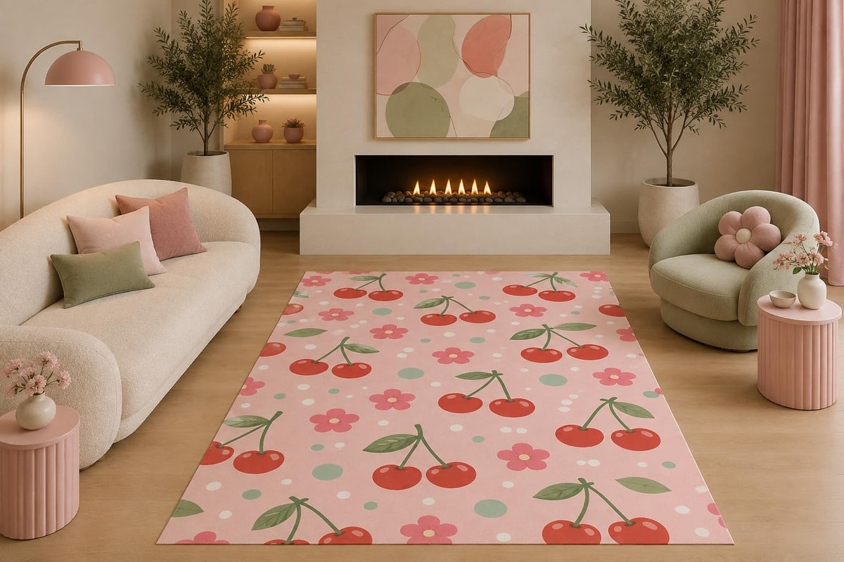 ICE ARMOR 5' x 7' Cute Cherry Floral Area Rug Kawaii Fruit Botanical Pattern for Girls Bedroom Nursery Playroom Living Room Non-Slip Silicone Backing Low Pile