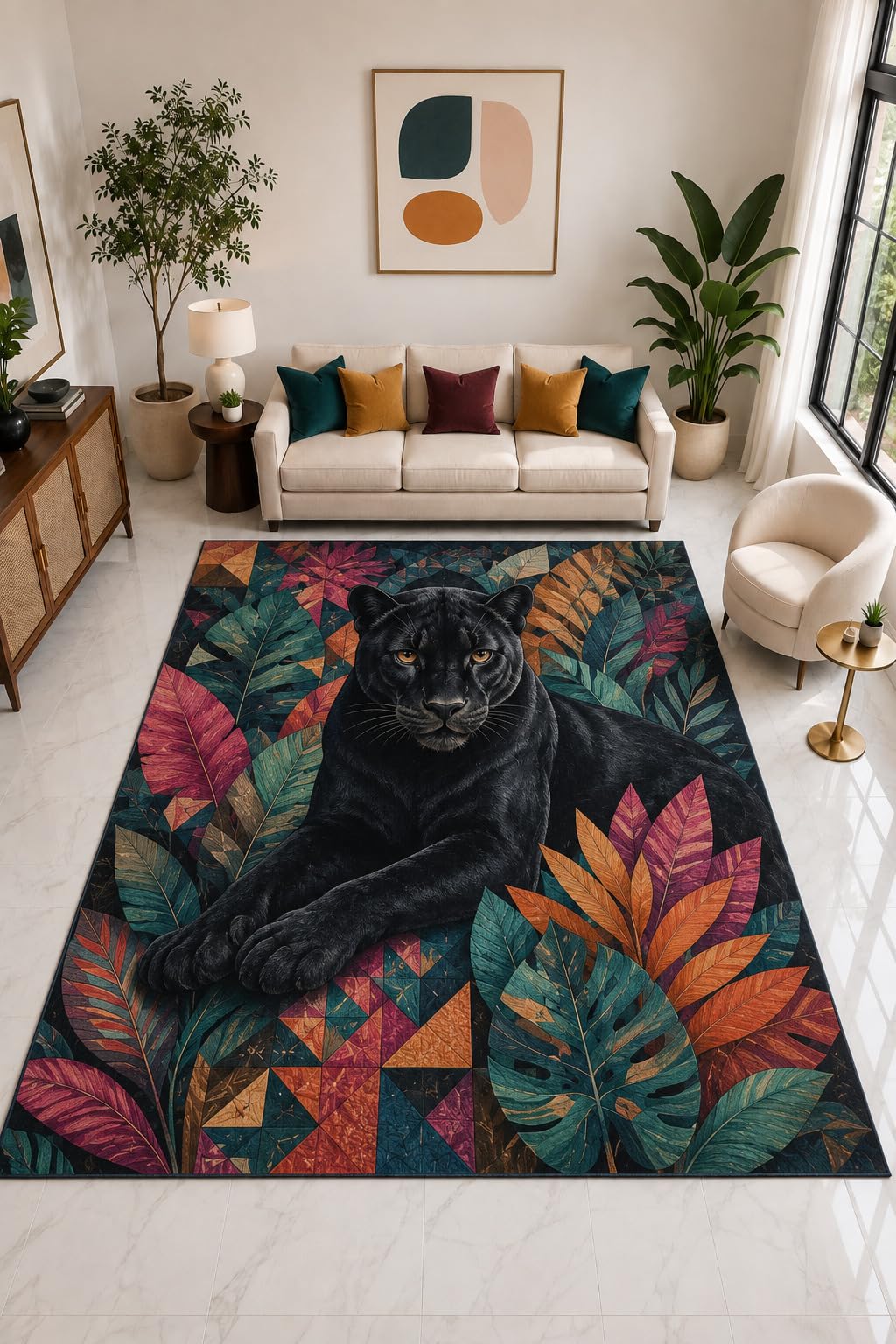 ICE ARMOR "Ultra Light Weight Large 6'7" x 9'10" Panther Tropical Leaf Rug, Soft Low Pile Indoor Rug, Non-Slip Silicone Backing for Living Room Teal