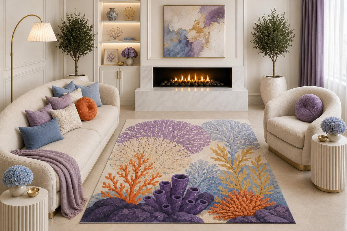 ICE ARMOR "Ultra Light Weight 5' x 7' Lavender Coral Reef Area Rug, Coastal Sea Life Botanical Art for Living Room Bedroom Beach House Decor, Non-Slip Silicone Backing Low Pile