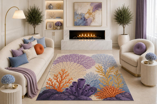 ICE ARMOR "Ultra Light Weight 5' x 7' Lavender Coral Reef Area Rug, Coastal Sea Life Botanical Art for Living Room Bedroom Beach House Decor, Non-Slip Silicone Backing Low Pile