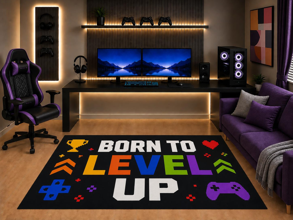 ICE ARMOR "Ultra Light Weight 5' x 7' Born to Level Up Area Rug Retro Pixel Gaming Graphic Art for Boys Teen Bedroom Game Room Playroom Non-Slip Silicone Backing Low Pile