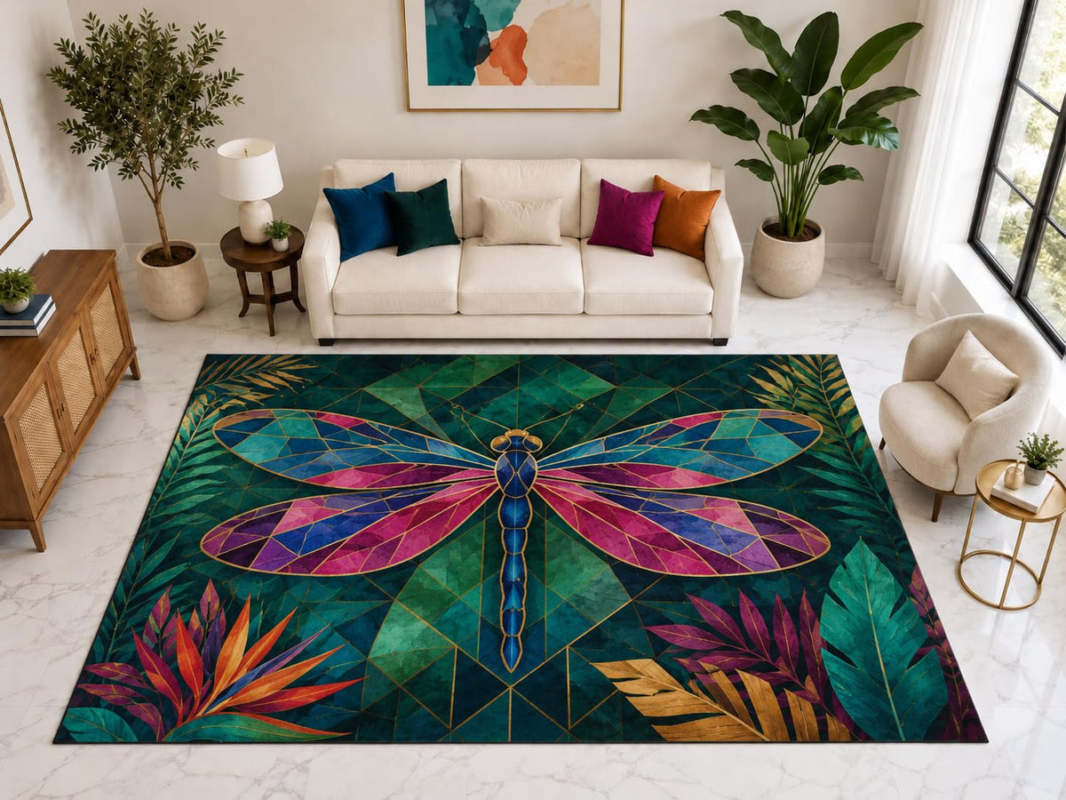 ICE ARMOR "Ultra Light Weight Large 6'7" x 9'10" Geometric Dragonfly Rug, Soft Low Pile Indoor Rug, Non-Slip Silicone Backing for Living Room Teal