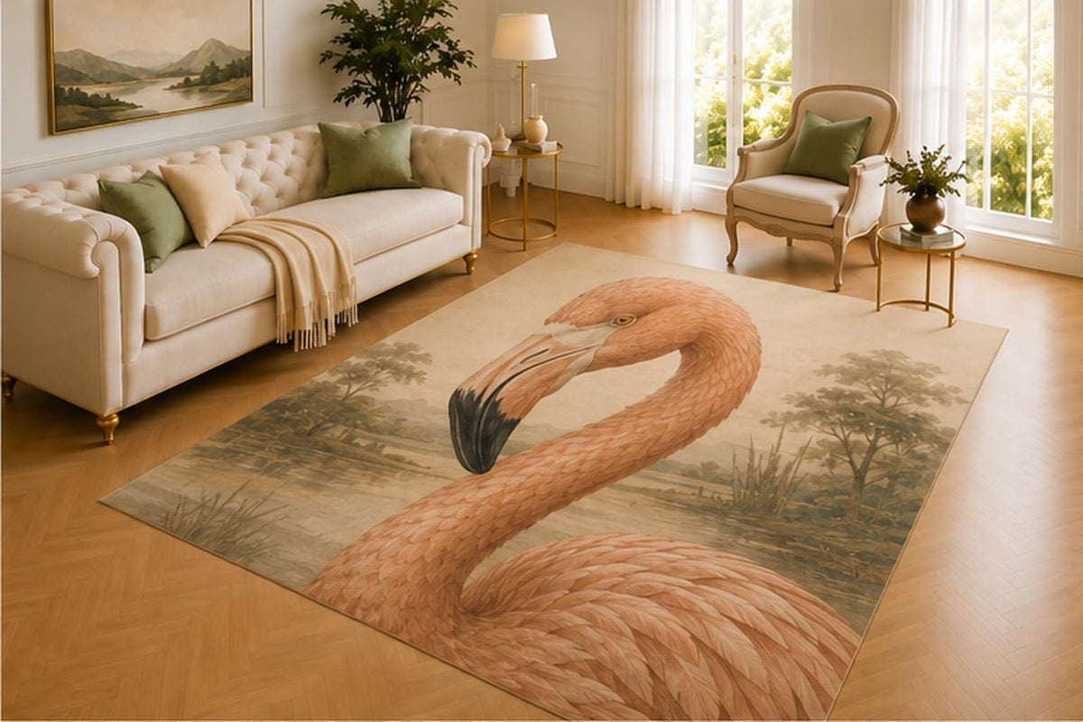ICE ARMOR 5' x 7' Flamingo Rug, Graceful Tropical Bird with Wetland Scenery, Soft Printed Floor Cover for Living Room, Bedroom, Nursery and Coastal Home Decor