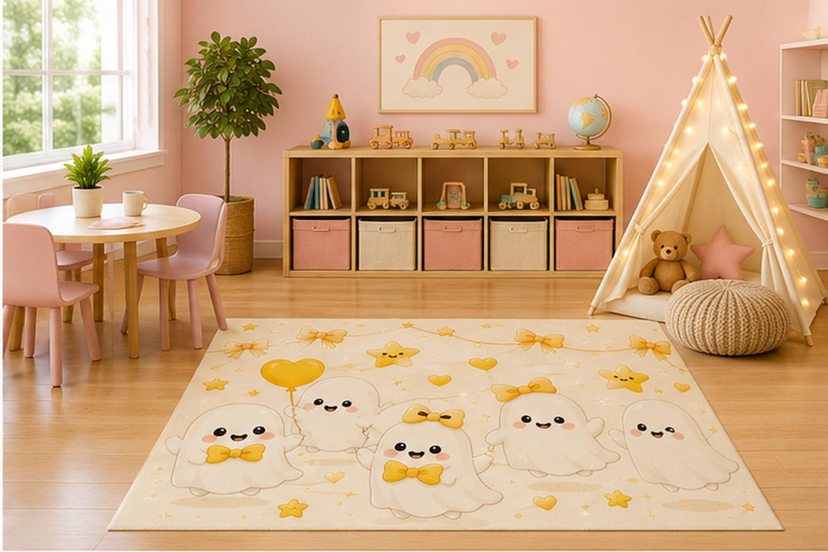 ICE ARMOR 5' x 7' Cute Ghost Family Kids Area Rug, Happy White Ghosts Yellow Bows Hearts Stars Kawaii Cartoon Playroom Nursery Bedroom Baby Room Decor, Non-Slip Silicone Backing Low Pile