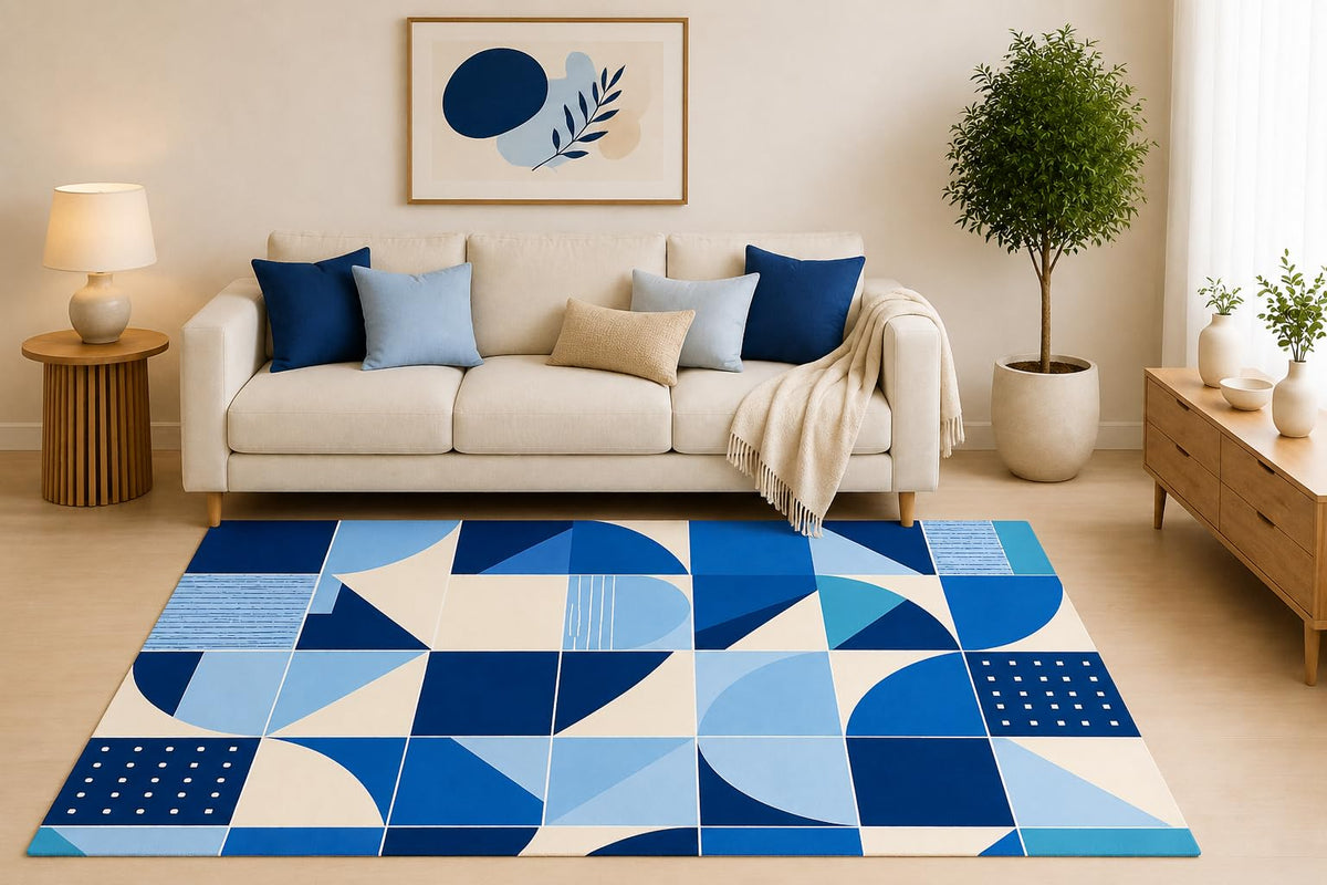 ICE ARMOR 5' x 7' Blue Geometric Area Rug, Modern Abstract Mosaic Pattern for Living Room Bedroom Office, Non-Slip Silicone Backing, Low Pile Carpet