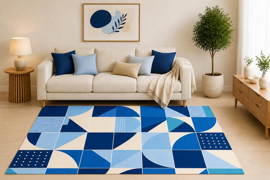 ICE ARMOR 5' x 7' Blue Geometric Area Rug, Modern Abstract Mosaic Pattern for Living Room Bedroom Office, Non-Slip Silicone Backing, Low Pile Carpet