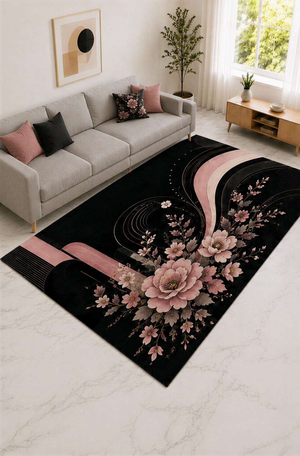 ICE ARMOR "Ultra Lightweight Large 6'7" x 9'10" Pink and Black Modern Peony Accent Area Rug for Living Room, Bedroom and Home Office, Soft Low Pile Carpet with Non-Slip Silicone Backing