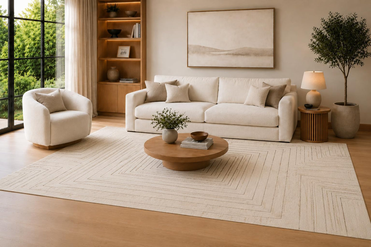 ICE ARMOR Large 6'7" x 9'10" Cream and Beige Maze Line Area Rug for Living Room, Soft Low Pile Carpet with Non-Slip Silicone Backing, Decor for Bedroom, Dining Area and Home Office