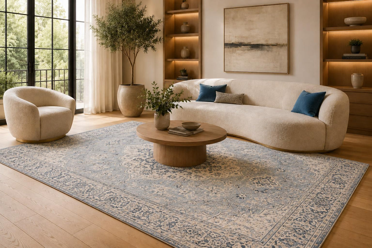 ICE ARMOR 6'7" x 9'10" Blue and Beige Distressed Medallion Area Rug for Living Room, Soft Low Pile Carpet with Non-Slip Silicone Backing, Floor Decor for Bedroom, Dining Area and Home Office