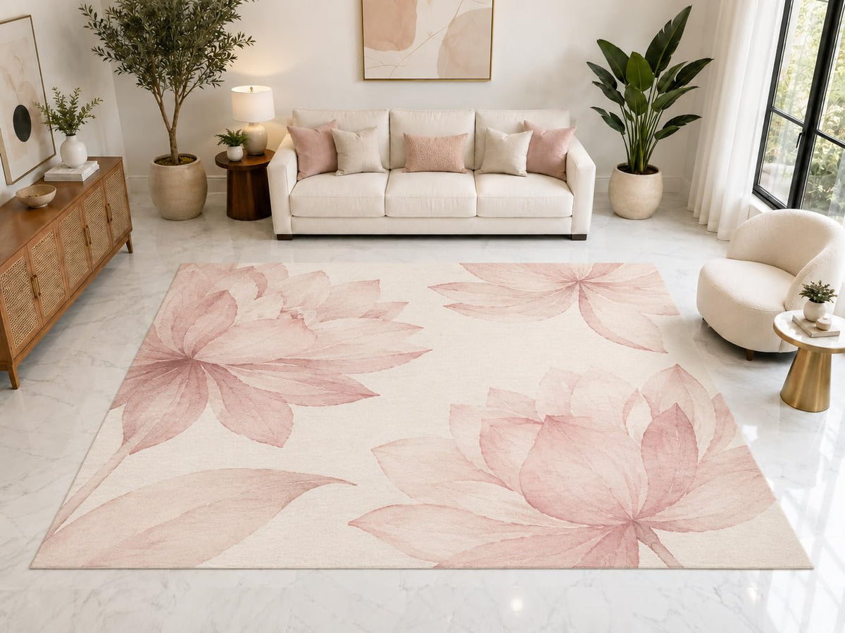 ICE ARMOR "Ultra Light Weight Large 6'7" x 9'10" Pink Lotus Floral Rug, Soft Low Pile Indoor Rug, Non-Slip Silicone Backing for Bedroom Pink Cream