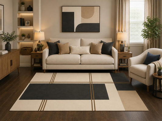 ICE ARMOR 5' x 7' Modern Plaid Geometric Area Rug Abstract Navy Beige Living Room Bedroom Dining Room Carpet Non-Slip Silicone Backing Low Pile