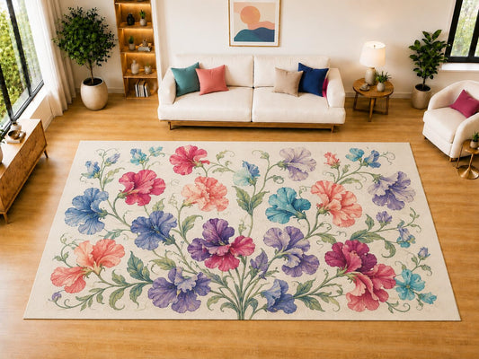 ICE ARMOR "Ultra Light Weight Large 6'7" x 9'10" Morning Glory Vine Area Rug for Living Room Bedroom Dining Room, Soft Low Pile Non-Slip Backing, Blue Purple Pink Green Vintage Floral Decor