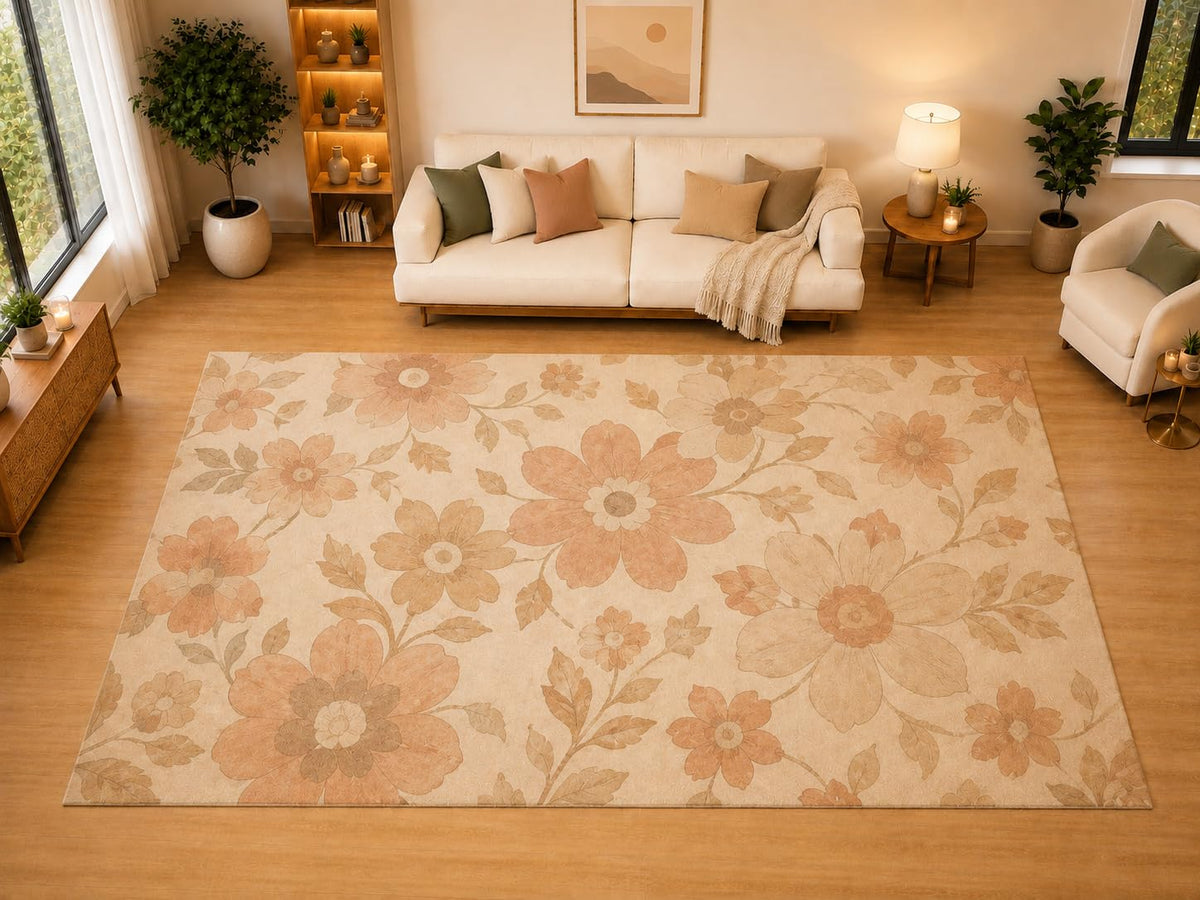 ICE ARMOR "Ultra Light Weight Large 6'7" x 9'10" Vintage Daisy Garden Area Rug for Living Room, Bedroom, Dining Room, Soft Low Pile Non-Slip Backing, Peach Beige