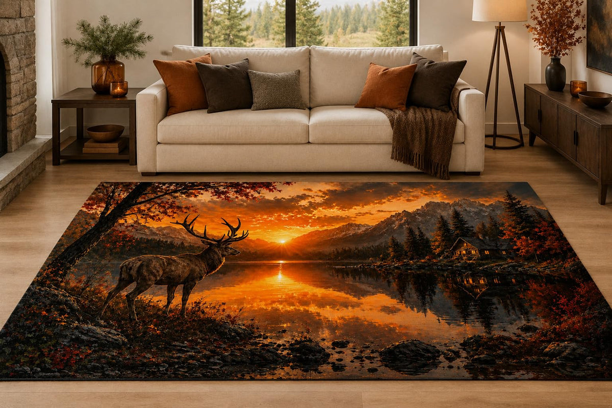 ICE ARMOR "Ultra Lightweight Large 6'7" x 9'10" Elk at Sunset Lake Area Rug for Living Room, Bedroom and Home Office, Soft Low Pile Carpet with Non-Slip Silicone Backing, Orange and Black