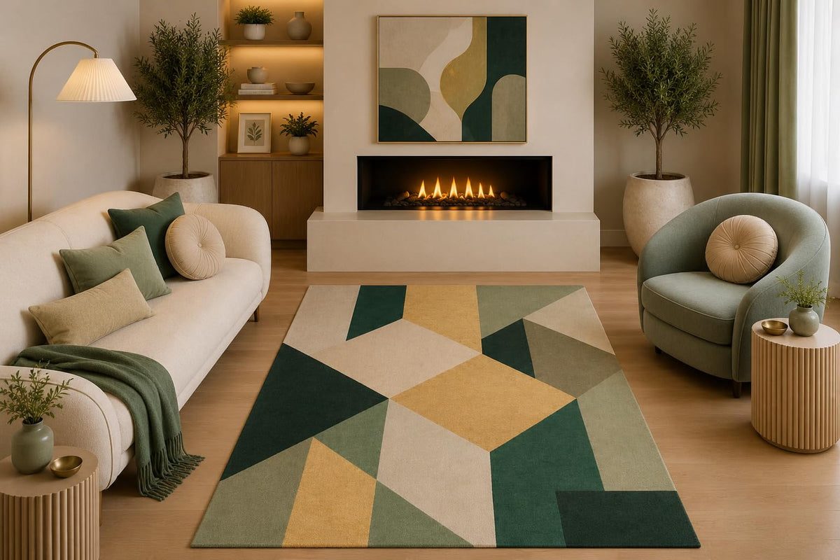 ICE ARMOR 5' x 7' Mid Century Modern Area Rug Abstract Green Mustard Beige Geometric Design for Living Room Bedroom Dining Room Office Non-Slip Silicone Backing Low Pile