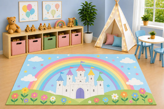 ICE ARMOR 5' x 7' Rainbow Castle Area Rug, Pastel Fairytale Princess Castle Floral Meadow Kids Playroom Nursery Bedroom Decor, Non-Slip Silicone Backing Low Pile