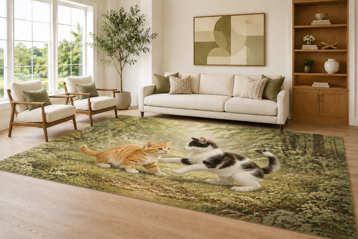 ICE ARMOR Large 6'7" x 9'10" Sage and Cream Playful Kittens Area Rug for Living Room, Soft Low Pile Carpet with Non-Slip Silicone Backing, Decor for Bedroom Dining Room and Home Office