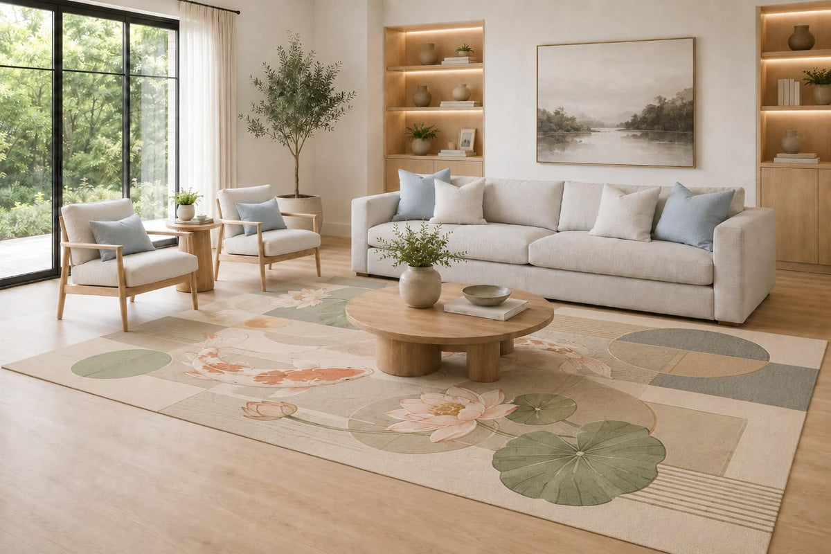 ICE ARMOR Large 6'7" x 9'10" Sage Green, Blush Pink and Cream Koi Lotus Pond Area Rug for Living Room, Soft Low Pile Carpet with Non-Slip Silicone Backing, Decor for Bedroom and Dining Area