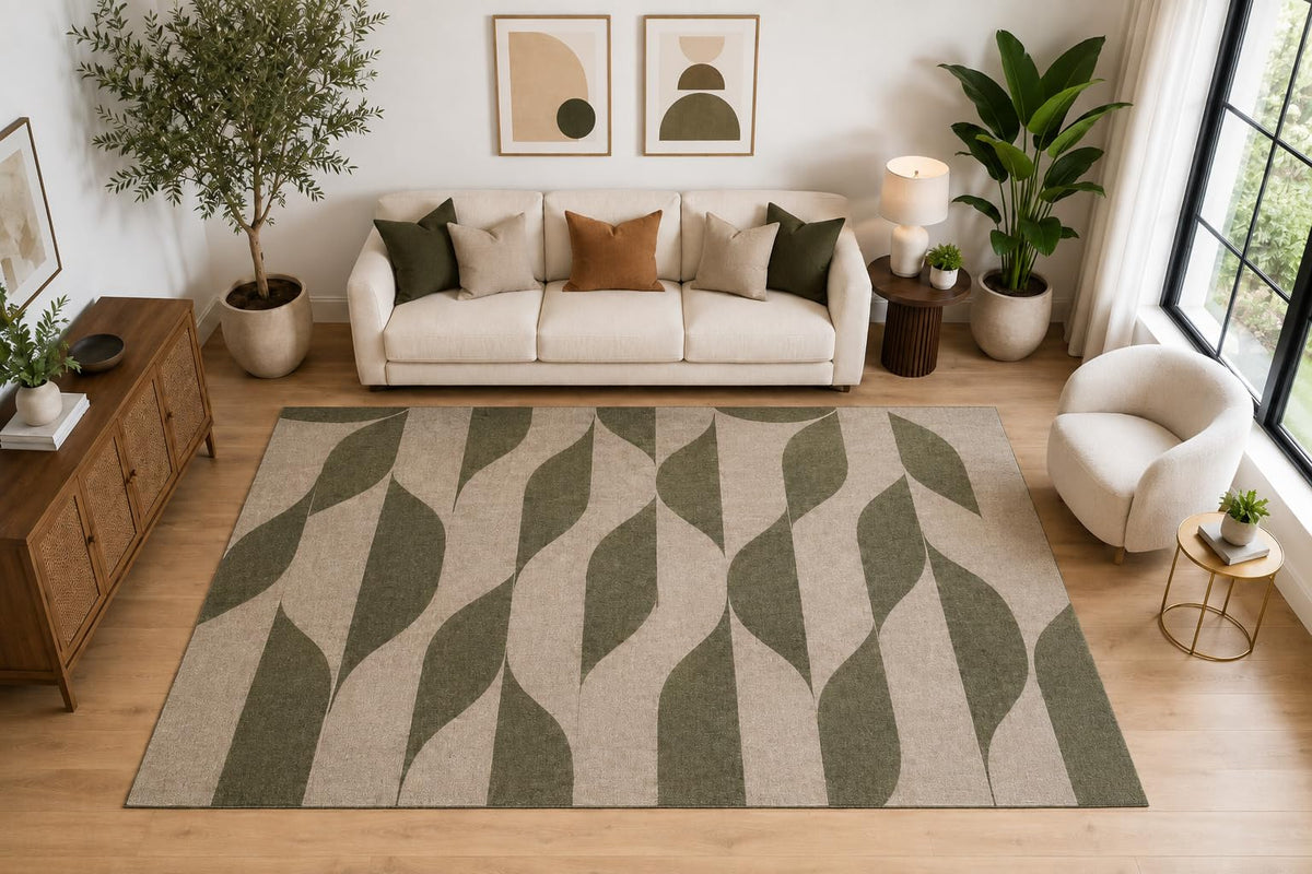 ICE ARMOR Large 6'7" x 9'10" Modern Leaf Wave Area Rug for for Bedroom, Living Room, Soft Low Pile Indoor Rug with Non-Slip Silicone Backing, Olive Green Beige
