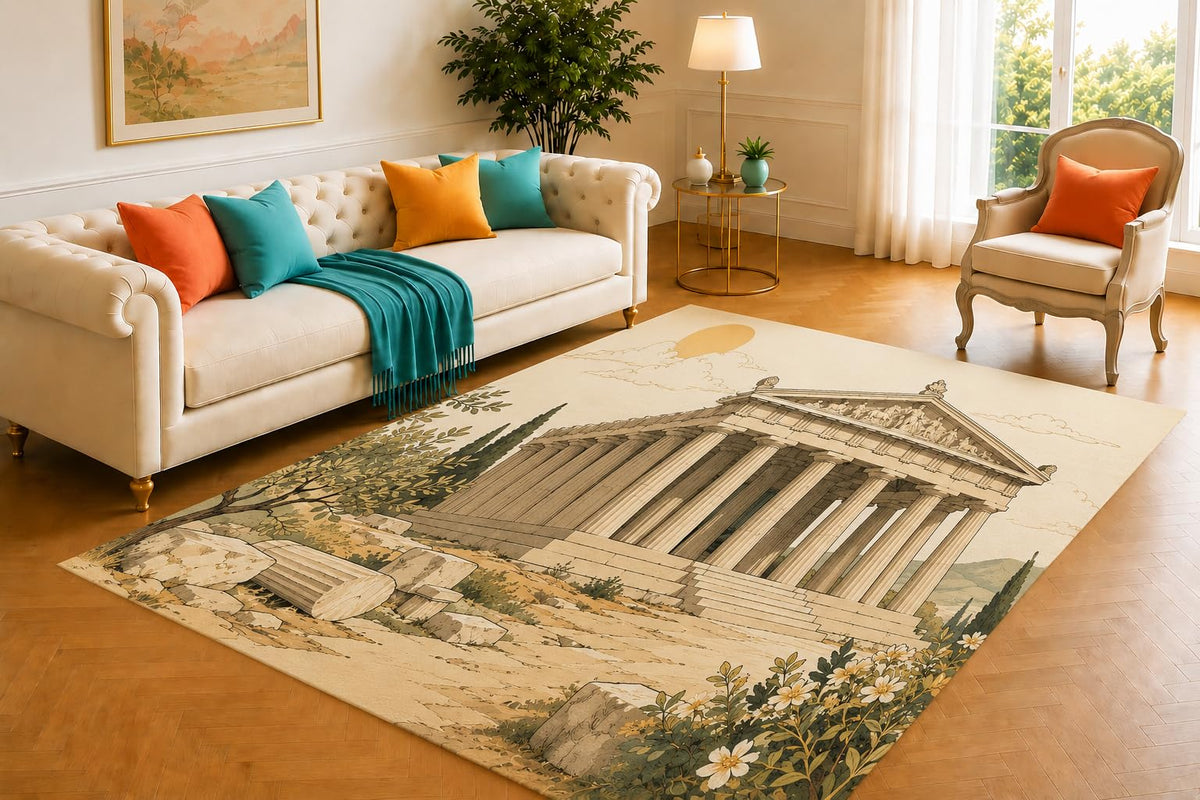 ICE ARMOR 5' x 7' Ancient Greek Temple Area Rug, Soft Low Pile Indoor Rug with Non-Slip Silicone Backing, Decorative Carpet for Living Room, Bedroom, Dining Room, Office, Classical Ruins
