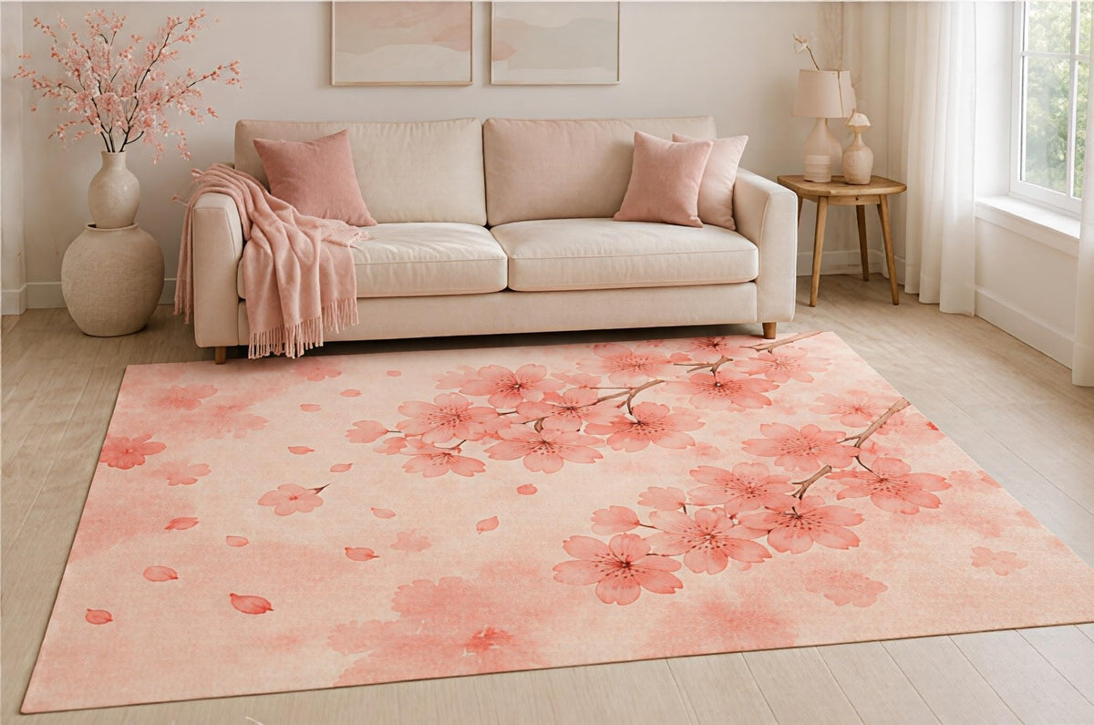 ICE ARMOR 5' x 7' Cherry Blossom Area Rug, Pink Sakura Floral Watercolor Design for Living Room Bedroom Nursery, Non-Slip Silicone Backing, Low Pile Carpet
