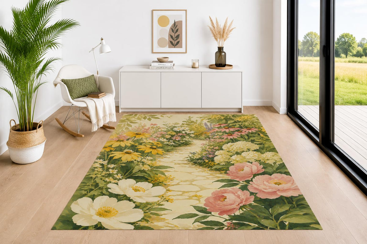 ICE ARMOR 5' x 7' Secret Garden Path Area Rug for Living Room, Soft Low Pile Indoor Rug with Non-Slip Backing, Carpet for Bedroom, Dining Room, Office, Green Floral