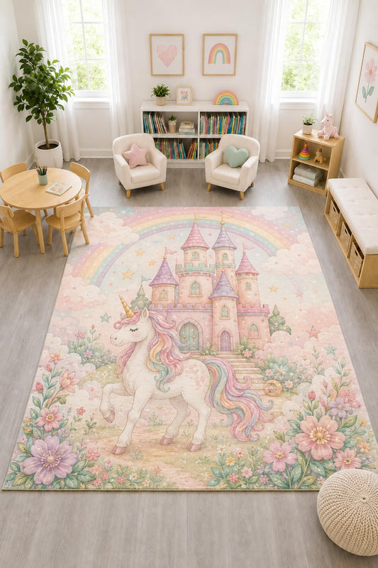 ICE ARMOR "Ultra Light Weight Large 6'7" x 9'10" Unicorn Castle Rainbow Rug, Soft Low Pile Indoor Rug, Non-Slip Silicone Backing for Nursery Pink
