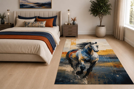 ICE ARMOR "Ultra Light Weight 5' x 7' Running Horse Art Area Rug for Living Room, Bedroom and Home Office, Soft Low Pile Carpet with Non-Slip Silicone Backing, Blue and Orange