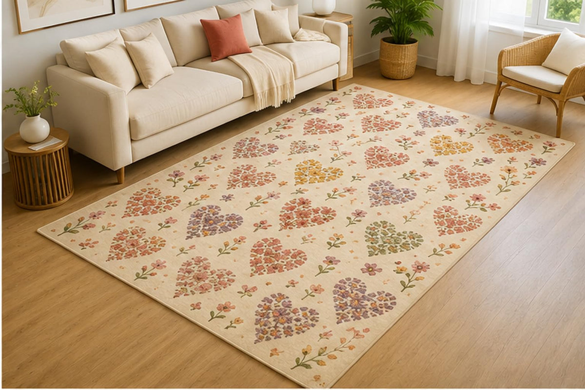 ICE ARMOR 5' x 7' Tiny Floral Heart Pattern Area Rug for Living Room, Soft Low Pile Indoor Rug with Non-Slip Silicone Backing, Decorative Carpet for Bedroom, Nursery, Kids Room, Kids & Pets, Cream