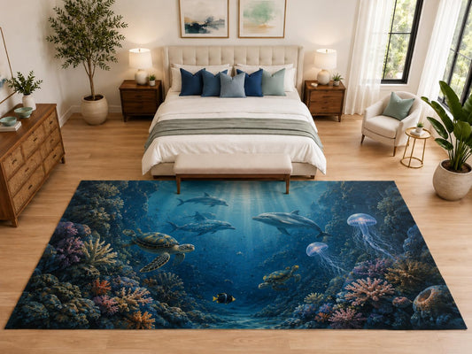 ICE ARMOR "Ultra Light Weight Large 6'7" x 9'10" Dolphin Reef Rug for Bedroom, Soft Low Pile Indoor Rug and Non-Slip Silicone Backing, Deep Blue