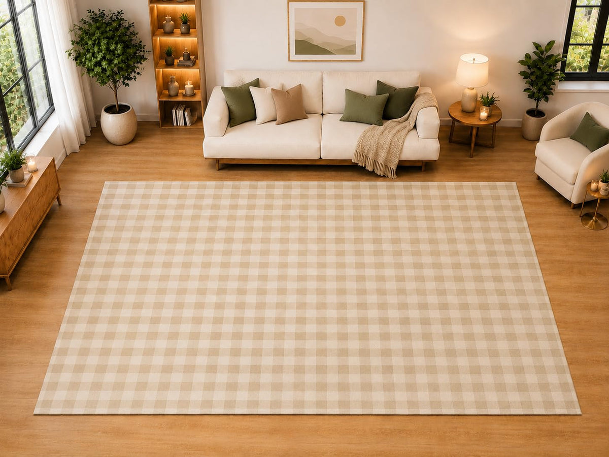 ICE ARMOR "Ultra Light Weight Large 6'7" x 9'10" Mini Gingham Check Area Rug for Living Room, Bedroom, Dining Room, Soft Low Pile Non-Slip Backing, Oatmeal Ivory