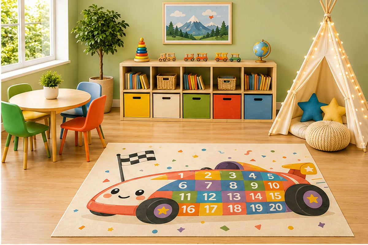 ICE ARMOR 5' x 7' Race Car Numbers Area Rug, Educational Counting 1-20 Learning Play Mat with Cute Racing Car for Kids Nursery Classroom Playroom, Non-Slip Silicone Backing Low Pile