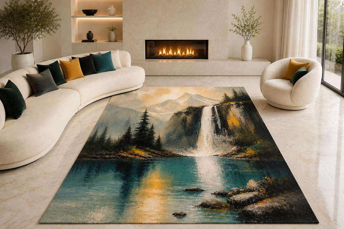 ICE ARMOR "Ultra Lightweight Large 6'7" x 9'10" Alpine Lake Falls Area Rug for Living Room, Bedroom and Home Office, Soft Low Pile Carpet with Non-Slip Silicone Backing, Blue and Green
