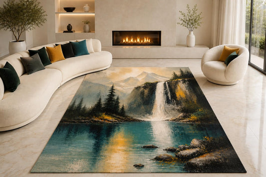 ICE ARMOR "Ultra Lightweight Large 6'7" x 9'10" Alpine Lake Falls Area Rug for Living Room, Bedroom and Home Office, Soft Low Pile Carpet with Non-Slip Silicone Backing, Blue and Green