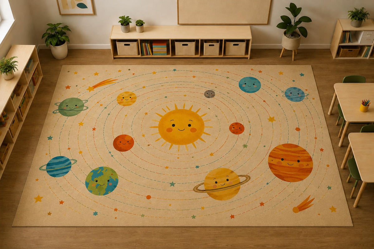 ICE ARMOR Large 6'7" x 9'10" Solar System Planets Area Rug, Soft Low Pile Indoor Rug with Non-Slip Silicone Backing for Kids Room, Playroom, Beige