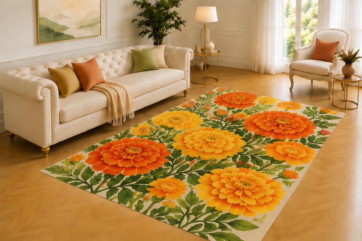 ICE ARMOR 5' x 7' Orange Zinnia Rug, Bold Marigold and Amber Blossoms with Fresh Green Leaves, Sunny Floor Decor for Kitchen, Dining Room or Home Entryway