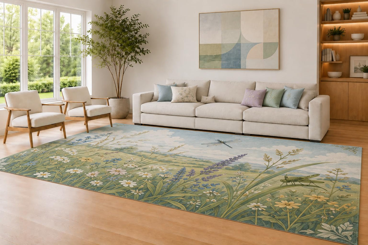 ICE ARMOR Large 6'7" x 9'10" Sky Blue and Sage Meadow Bloom Area Rug for Living Room, Soft Low Pile Carpet with Non-Slip Silicone Backing, Decor for Bedroom and Home Office