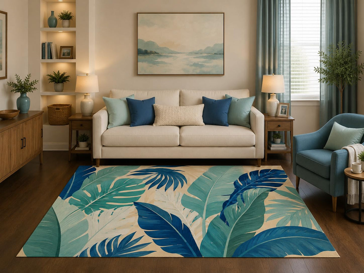 ICE ARMOR 5' x 7' Tropical Blue Palm Leaf Area Rug Coastal Botanical Modern Living Room Bedroom Dining Room Beach House Decor Non-Slip Silicone Backing Low Pile