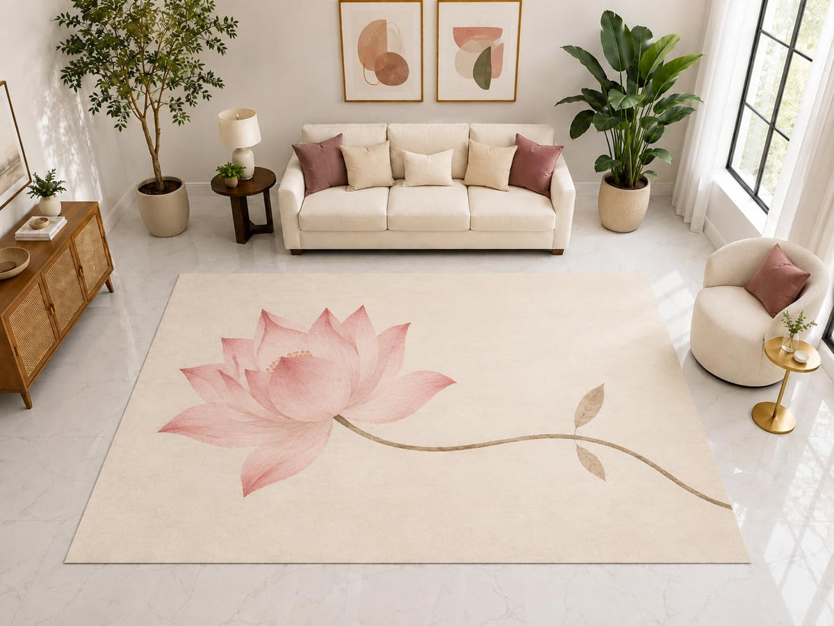 ICE ARMOR "Ultra Light Weight Large 6'7" x 9'10" Pink Lotus Rug, Soft Low Pile Indoor Rug, Non-Slip Silicone Backing for Living Room Cream Pink