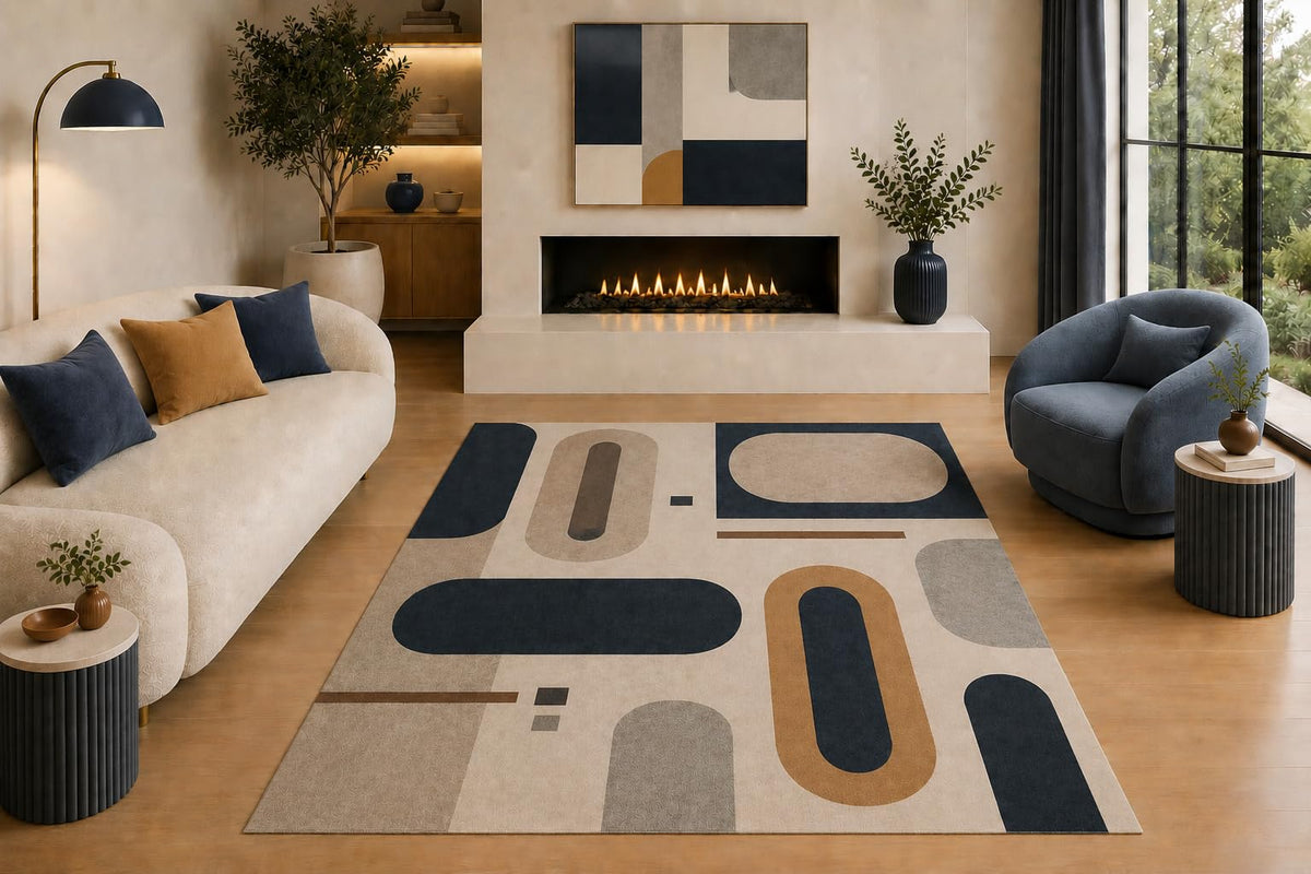 ICE ARMOR "Ultra Light Weight 5' x 7' Mid Century Modern Abstract Area Rug Navy Blue Beige Tan Gray Rounded Geometric Design for Living Room Bedroom Office Non-Slip Silicone Backing Low Pile