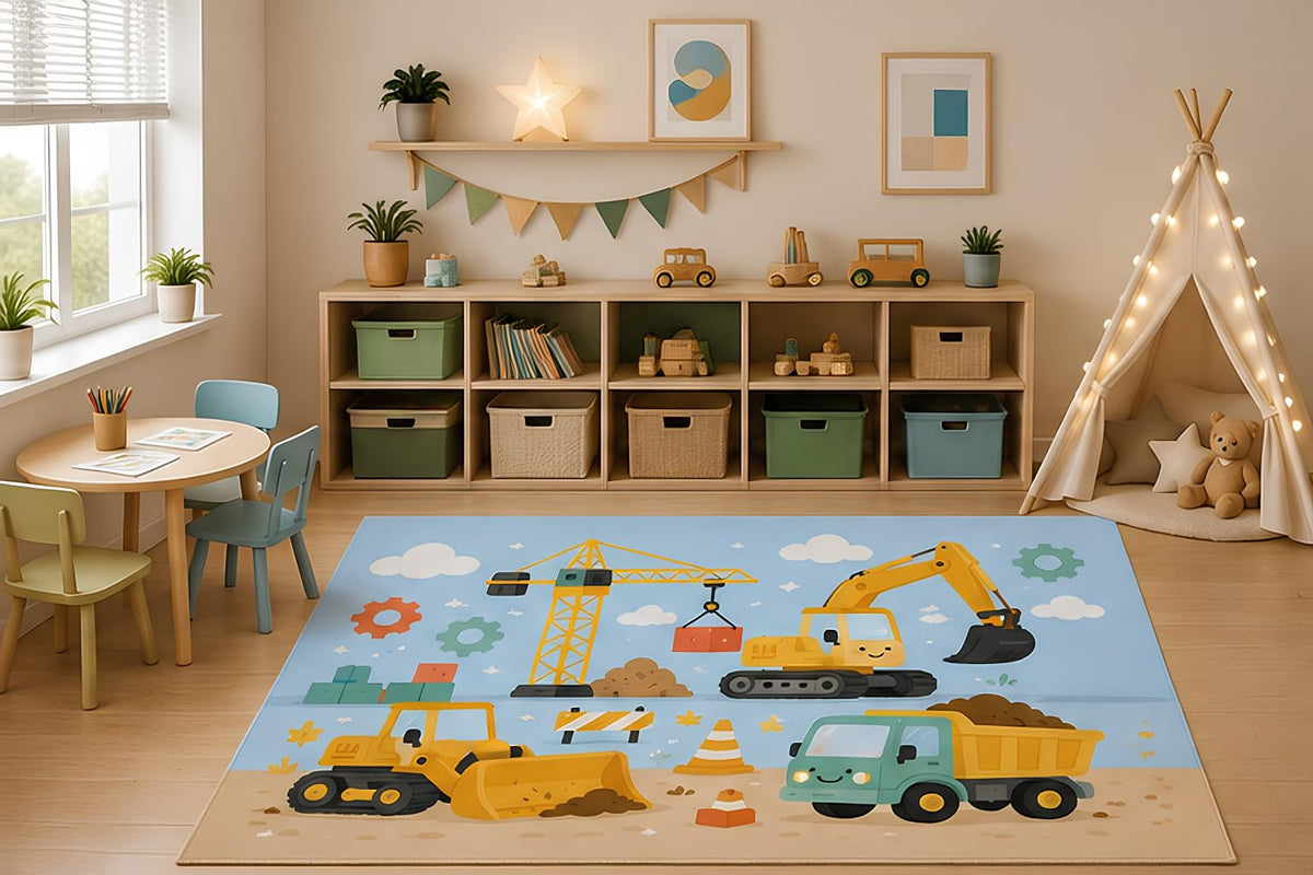 ICE ARMOR 5' x 7' Construction Vehicles Area Rug for Kids Playroom Bedroom Nursery, Excavator Bulldozer Dump Truck Cartoon Carpet, Non-Slip Silicone Backing Low Pile