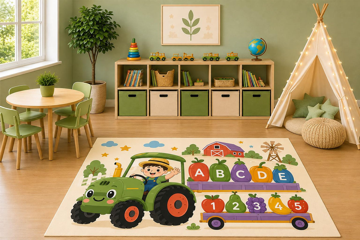 ICE ARMOR 5' x 7' Farm Tractor Area Rug, Educational Alphabet Fruits and Numbers Learning Play Mat for Kids Nursery Classroom Playroom, Non-Slip Silicone Backing Low Pile