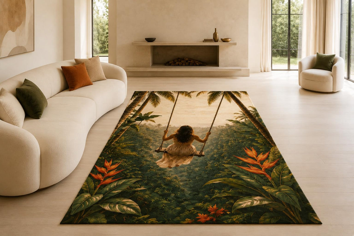 ICE ARMOR "Ultra Lightweight Large 6'7" x 9'10" Jungle Swing Girl Area Rug for Living Room, Bedroom and Home Office, Soft Low Pile Carpet with Non-Slip Silicone Backing, Green and Orange
