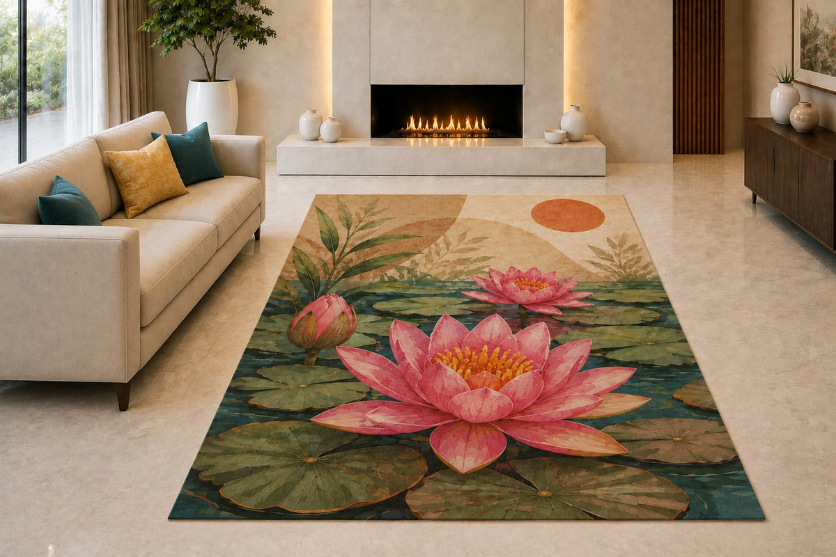 ICE ARMOR "Ultra Light Weight 5' x 7' Lotus Lily Pad Pair Area Rug for Living Room, Bedroom and Home Office, Soft Low Pile Carpet with Non-Slip Silicone Backing, Pink and Green