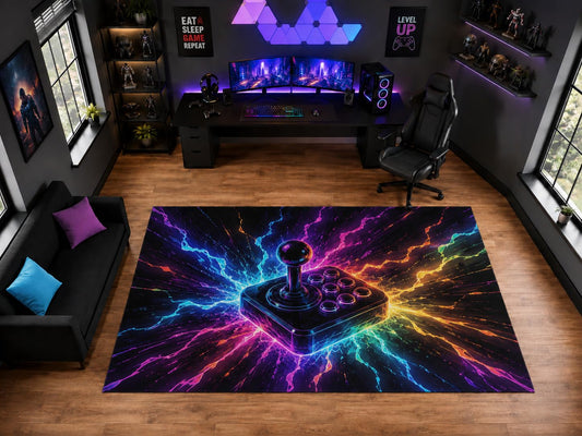 ICE ARMOR "Ultra Light Weight Large 6'7" x 9'10" Arcade Joystick Color Burst Area Rug for Playroom Decor, Soft Low Pile Indoor Rug with Non-Slip Silicone Backing, Black Multicolor